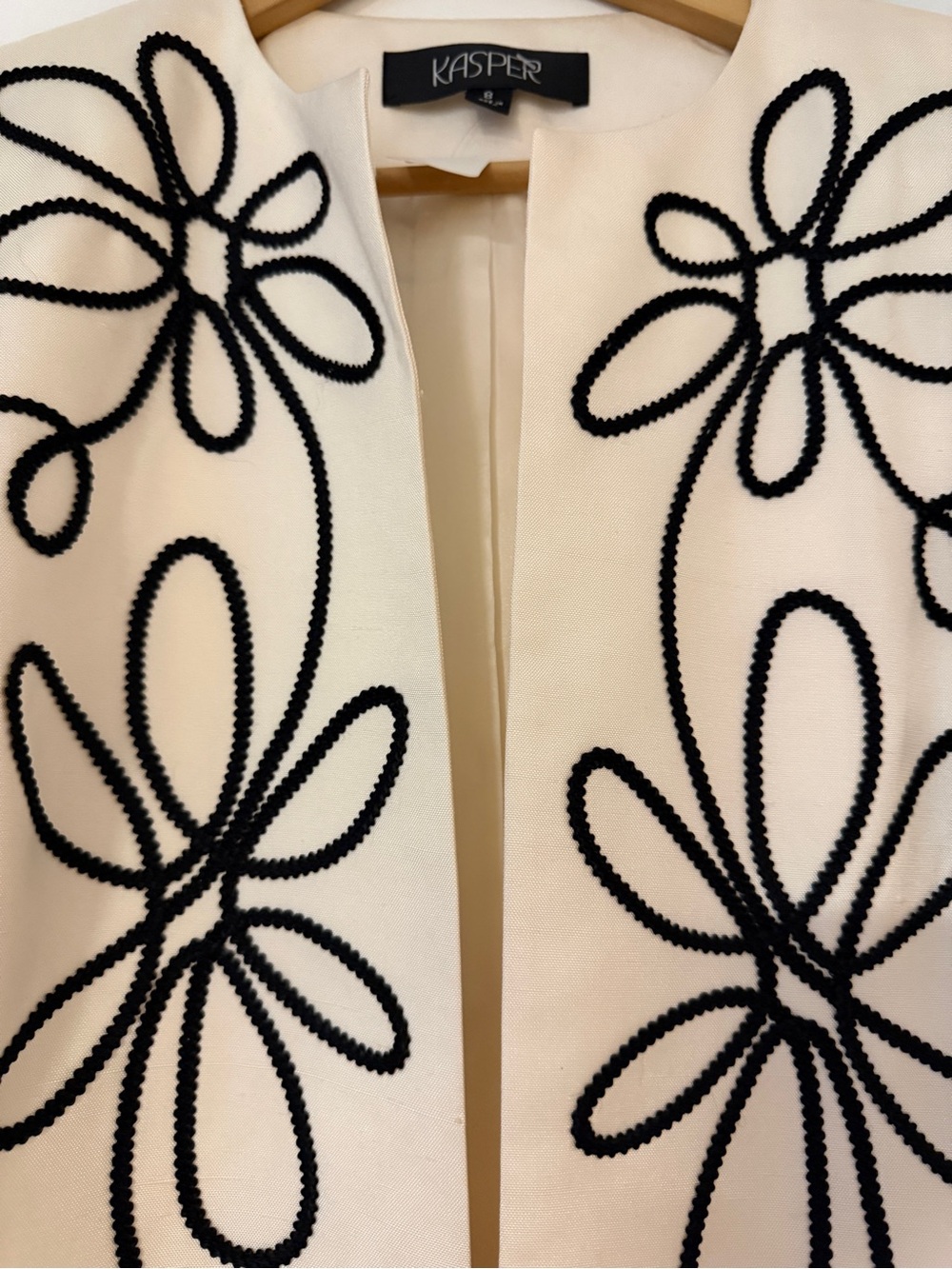 Kasper Cream Open-Front Jacket with Black Floral Cord Appliqué - Picture 2 of 5